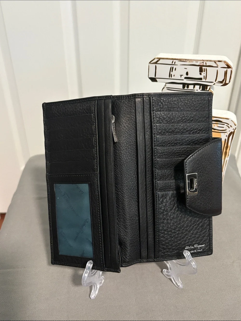 Salvatore Ferragamo Black Leather Continental Wallet with Silver Tone Hardware